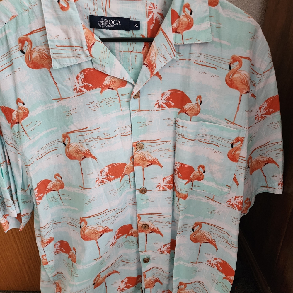 Men's Tropical Flamingo Print Shirt - Light Blue and Coral